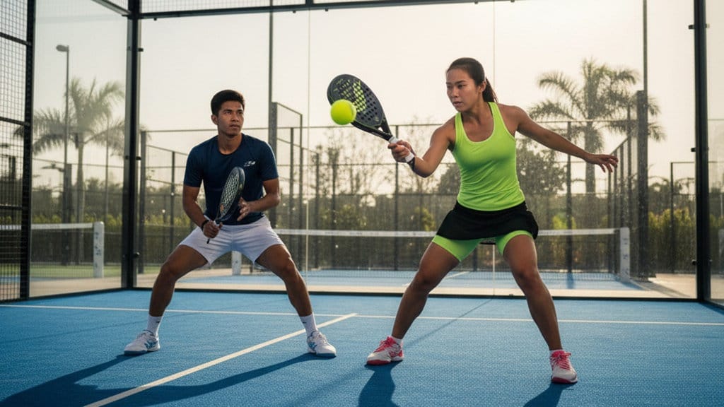Dua pemain padel ganda melakukan forehand volley di depan net pada turnamen padel