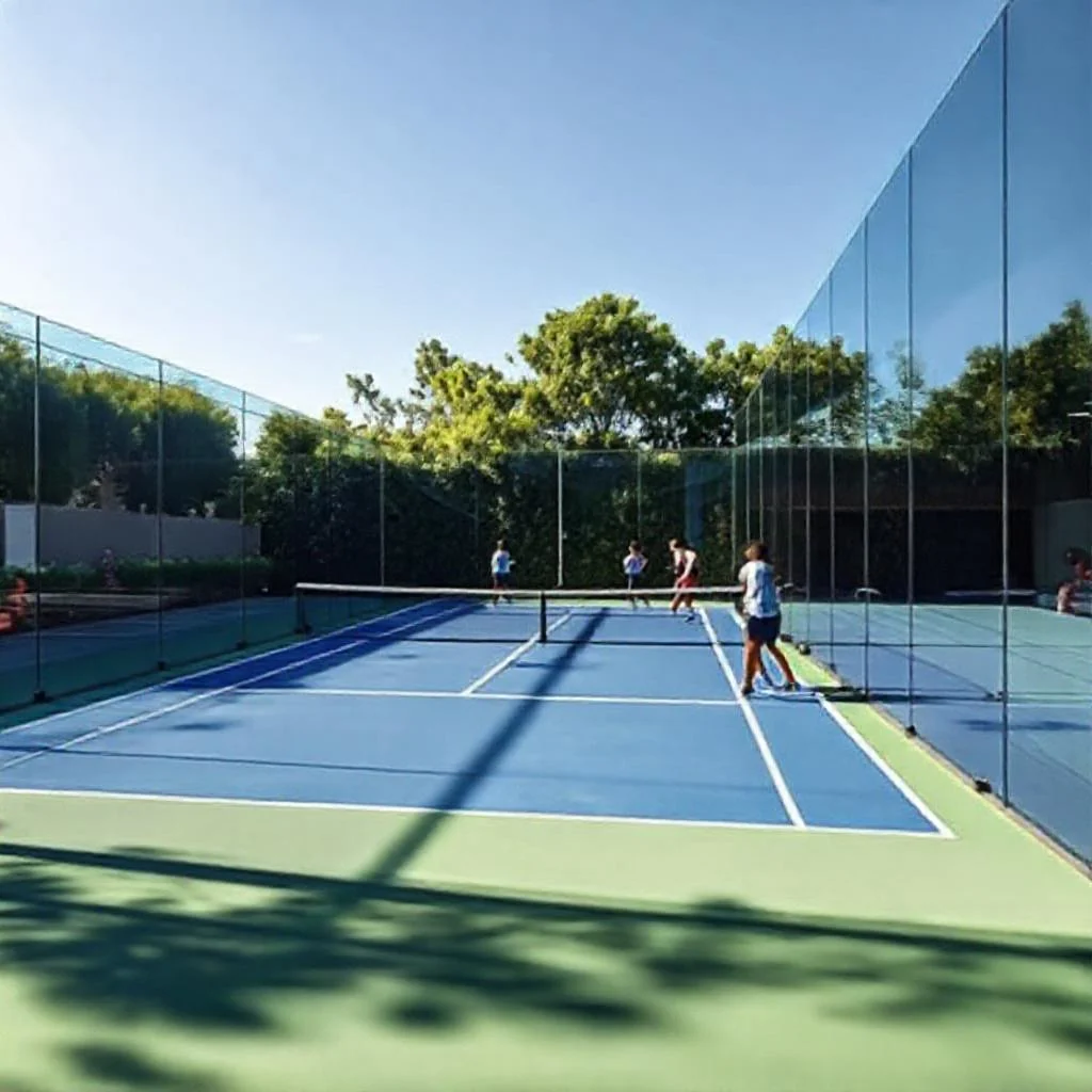 Lapangan padel kaca dengan desain modern untuk permainan cepat