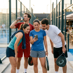 Profesional muda berkumpul setelah pertandingan padel